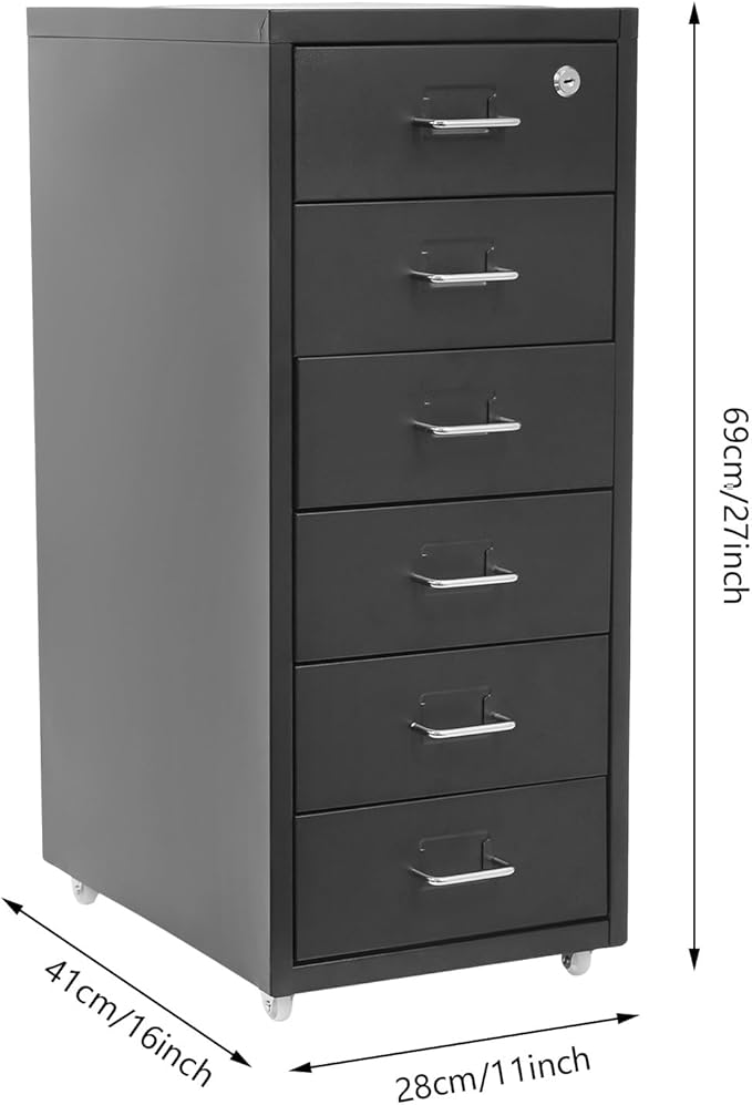6 Drawer File Cabinet with Lock, Freestanding Filing Metal Drawers Organizer Vertical Metal Rolling Organizer Movable Under Desk Cabinet with Wheels for Home Office Living Room Study (6 Tiers Black)
