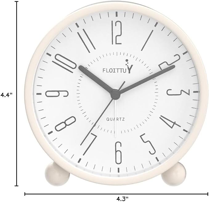 FLOITTUY Super Silent Metal Alarm Clock,Beep Wake Round Alarm Clock with Night Light,Battery Operated,Easy Set,Simple & Retro for Desk, Bedroom and Home Decoration(Creamy White)