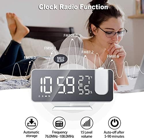 Projection Digital Alarm Clock for Bedrooms, Clock Radio on Ceiling, USB | Charger Port, Temperature & Humidity Display, 7.3” Large Mirror LED Display,12/24H,Snooze,Dual Loud Alarm Clock- 4 Dimmer