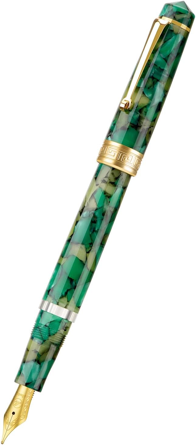 Asvine P20 Piston Fountain Pen Green Marble Acrylic, Fine Nib Gold Trim Smooth Writer Collection with Case Set