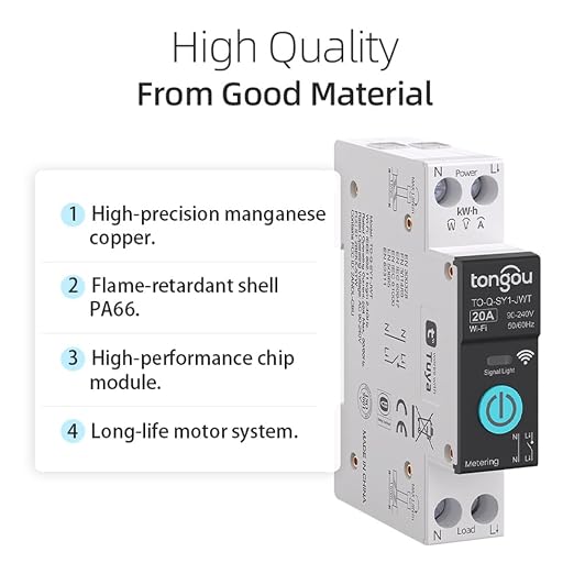 TONGOU DIY 1P+N Smart Wi-Fi Switch, Work with Alexa and Google Assistant for Voice Control, 20A with Energy Monitor, Smart Life/Tuya APP Remote Control, Timer Functions, DIN Rail Mounted,FCC Certified