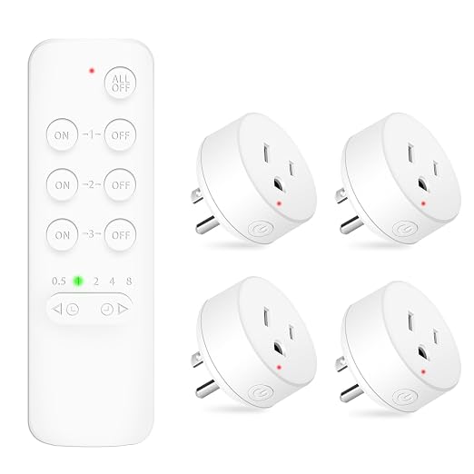NineLeaf Remote Timer Outlet, Wireless Remote Control Plug Programmable, 500FT Long Range, 15A/1500W Plug in Light Switch, No Wiring Needed for Lamps, Fans, Christmas Lights,1Remote 4Outlets