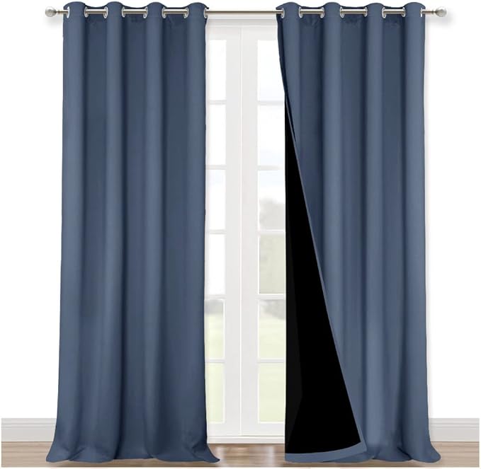 NICETOWN Insulated 100% Blackout Curtains, Noise Reducing Performance Drapes with Black Lining, Full Light Blocking Draperies for Overnight Shift Worker (Stone Blue, 1 Pair, 52 inches x 95 inches)