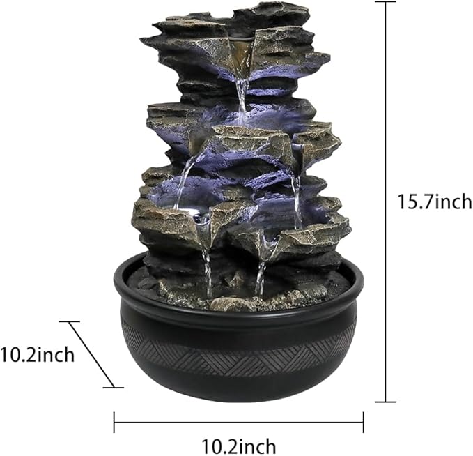 15.7" High Rock Cascading Tabletop Fountain, Zen Meditation Indoor Waterfall Feature with LED Light for Home Office Bedroom Relaxation