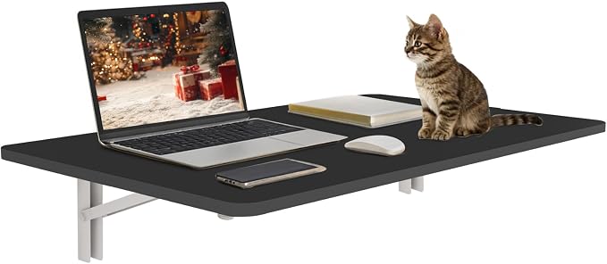 Black Wall Mounted Folding Table 31.5"x19.7" Fold Down Wooden Wall Desk for Small Spaces, Floating Table for Kitchen, Laundry, or Home Office, Heavy Duty Metal Brackets