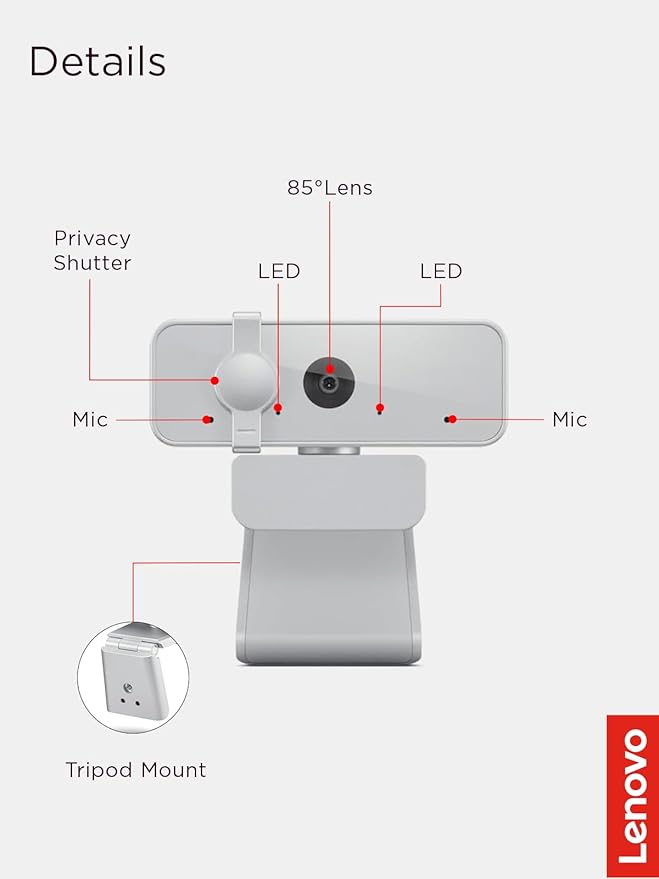 Lenovo 310 FHD Webcam, 1080p, FHD Resolution @30 FPS, Plug-and Play USB Connectivity, 1.8M Cable, 2 Integrated Microphones, External Privacy Shutter, White
