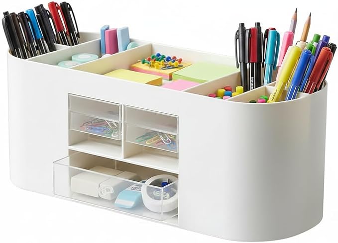 Desk Organizer with Drawers, Office Supplies Storage, White | Customizable desktop storage with removable dividers and 3 clear drawers for pens, notes, clips and everyday office supplies.