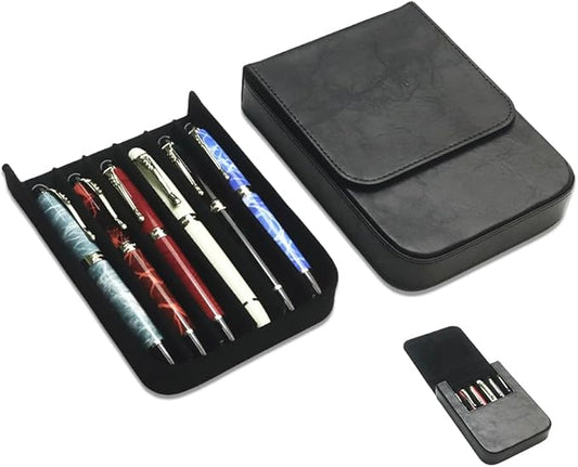 Leather 6 Fountain Pen/Pencil Tray Case, Handmade, Magnetic Closure with Drawer Design, Gift Choice for Man/Woman/Office, 6 Slots（Black）