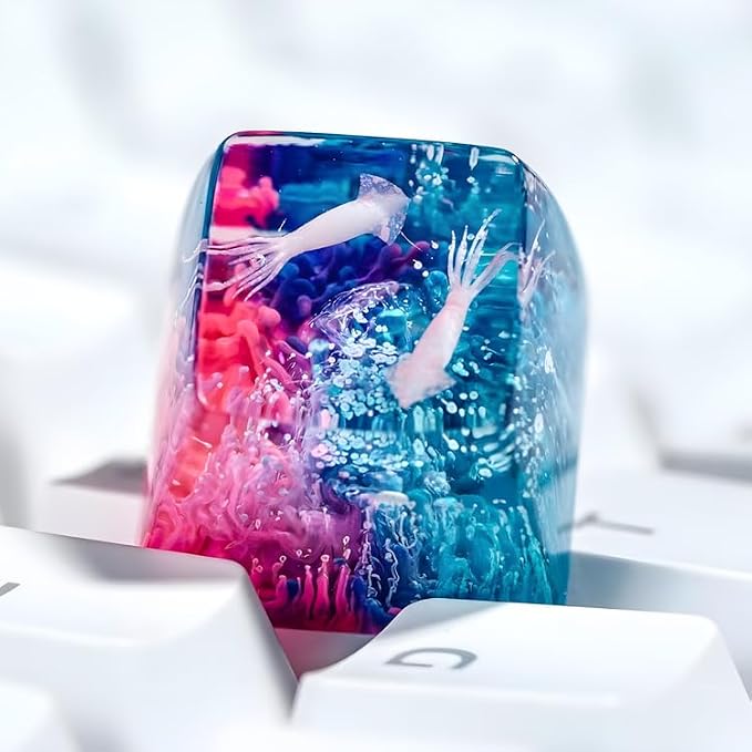 Squid Artisan Keycap Pink Blue Coral Reef - 1U ESC, R1 SA Profile Custom Handmade Resin Cherry MX Switch Key Cap Mechanical Keyboard, Cool Tech Gifts for Men, Dad, Father, Gamer, Sea Lover