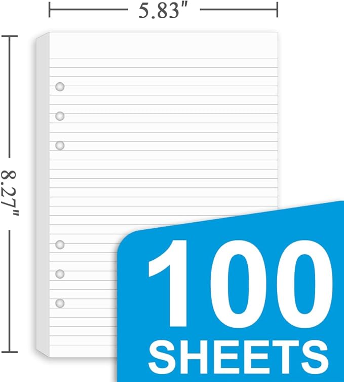 A5 Lined Paper Refills - 6 Hole Punched, 100 Sheets/200 Pages Ruled Paper, Refills for Filofax Planner/A5 Binders/Organizer, 100gsm, 5.8'' x 8.3''