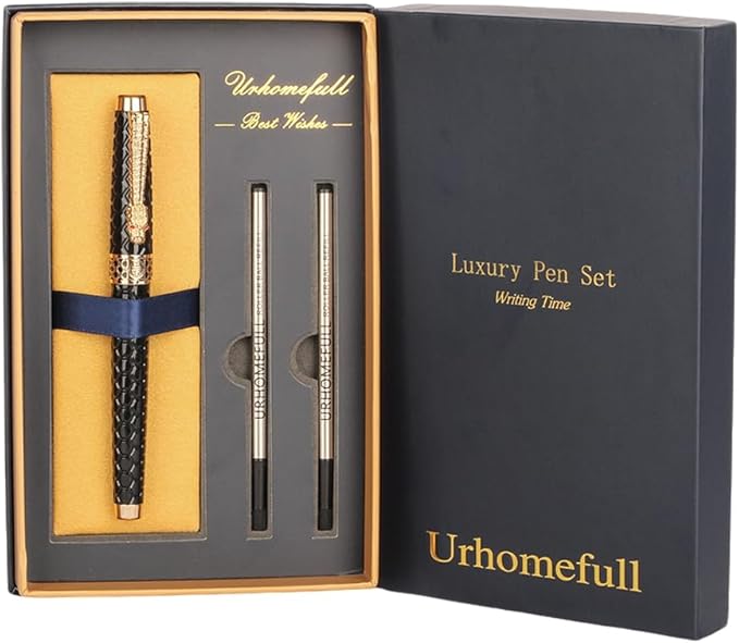 Stunning Luxury Rollerball Pen with 24K Gold Trim,Switzerland Tip with Black Ink Refills, Perfect Roller Ponit Pen Gift Set for Men Women, Fancy Writing Set for Business,Black