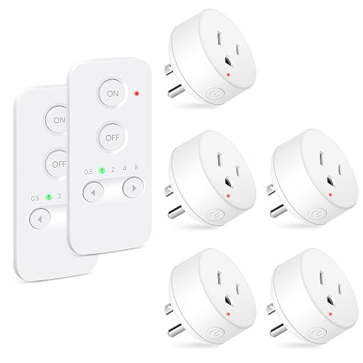NineLeaf Remote Control Outlet, 500FT Plug in Light Switch, No Wi-Fi Programmable Timer Mini Socket, Easy Wireless On/Off Switch for Christmas Lights, Hard-to-Reach Appliances,2Remotes 5Outlets