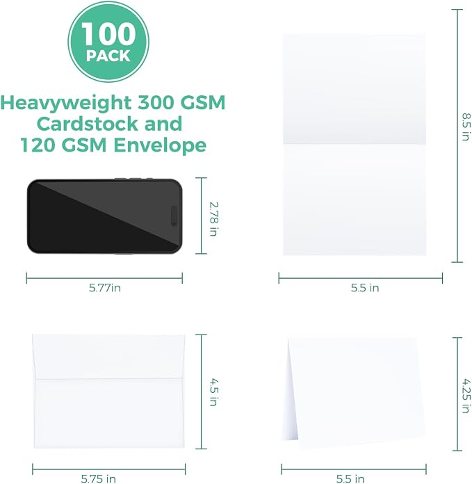 Ohuhu Blank White Cards and Envelopes 100 Pack - 5" x 7" Heavyweight Folded Cardstock and A7 Envelopes for DIY Greeting Cards Wedding Birthday Invitations Baby Shower Thank You Cards and All Occasions