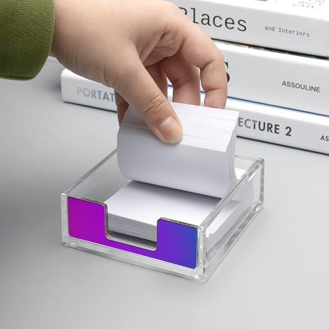 NatSumeBasics Rainbow Clear Acrylic Sticky Note Holder, Desktop Memo Cube Holder Note Pad Dispenser, Aesthetic Desk & Office Accessories
