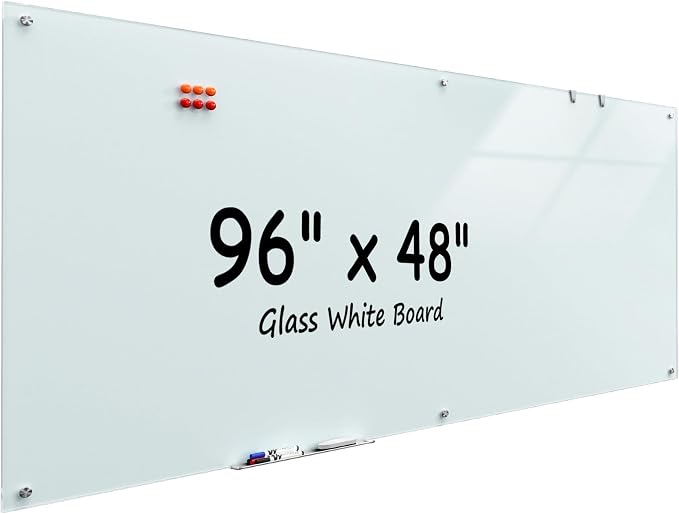 MaxGear 96" x 48" Glass Whiteboard Wall Mounted for Office Home Classroom | Magnetic Glass Dry Erase Board, Tempered Glass, Steel Backed, Non-Porous Surface, Frameless Design, Hardware Included