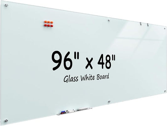 MaxGear 96" x 48" Glass Whiteboard Wall Mounted for Office Home Classroom | Magnetic Glass Dry Erase Board, Tempered Glass, Steel Backed, Non-Porous Surface, Frameless Design, Hardware Included