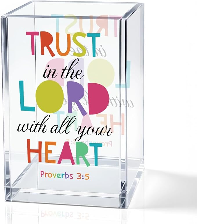 Trust In The Lord With All You Heart Acrylic Cosmetic Holder, Bible Verse Encouraging Makeup Brush Holder, Ideal for Jewelry Accessories Holding, Proverbs 3:5 Inspirational Gifts for Women Her