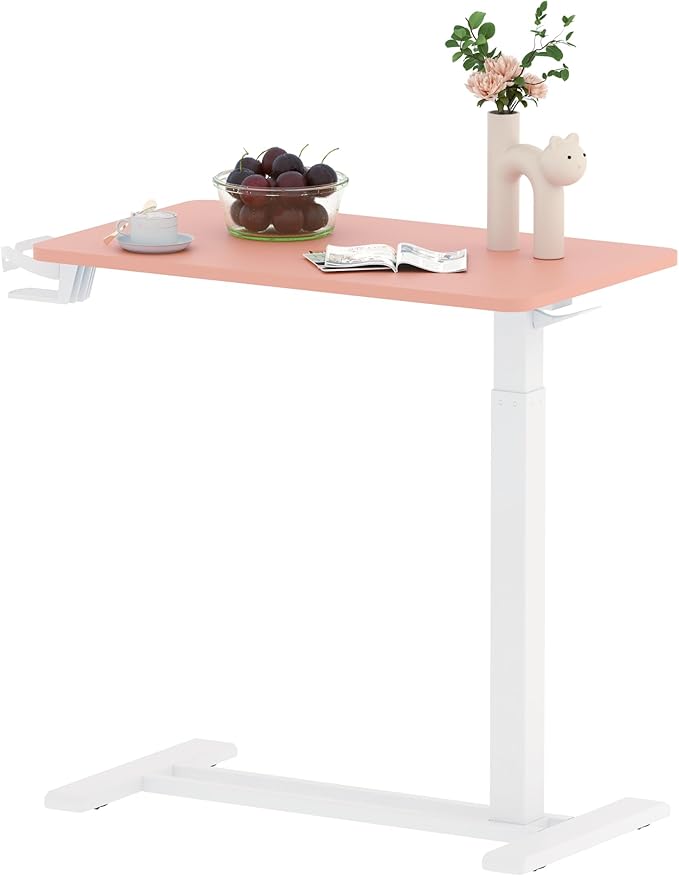 SANODESK 28''Mobile Standing Desk with Hidden Wheels,Pneumatic Laptop Desk | Sofa Computer Cart Movable Height Adjustable Table Small Sit Stand Desk for Home Office Hospital Use,27.6" W x 15.7" D,Pink