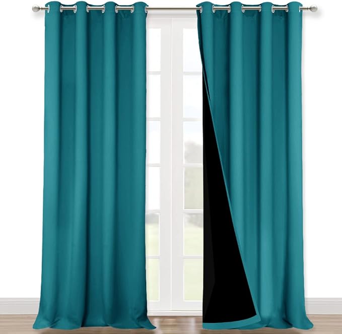 NICETOWN 100% Blackout Curtains for Windows, Pack of 2, Peacock Teal, 52" W x 102" L, Super Heavy-Duty Black Lined Total Darkness Drapes for Bedroom, Privacy Assured Window Treatment for Patio