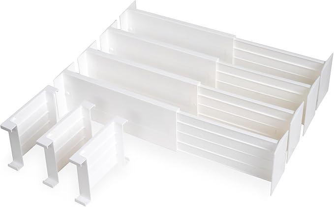 Dial Industries Dresser Drawer Dividers, 4 Pk + 3 Cross Dividers, 4.5" Deep | Slides apart to fit drawers of any length, Extra pieces create small sections, Great for socks, underwear and accessories