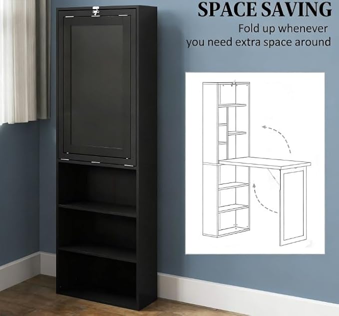Folding Wall Mounted Desk with Storage, Expandable Hidden Computer Desk, Foldable Space-Saving Pull Out Murphy Table, Writing Table with Blackboard for Home Office Bedroom Small Spaces (Black)