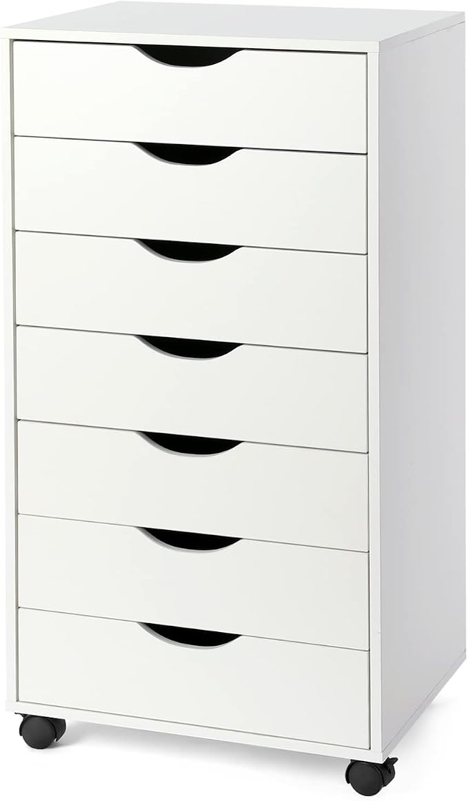 TUSY 7 Drawer Storage Organizer on Wheels, Mobile File Cabinet with Locking Casters, Tall Chest of Drawers for Home Office, White Rolling Storage Drawers for Office Supplies