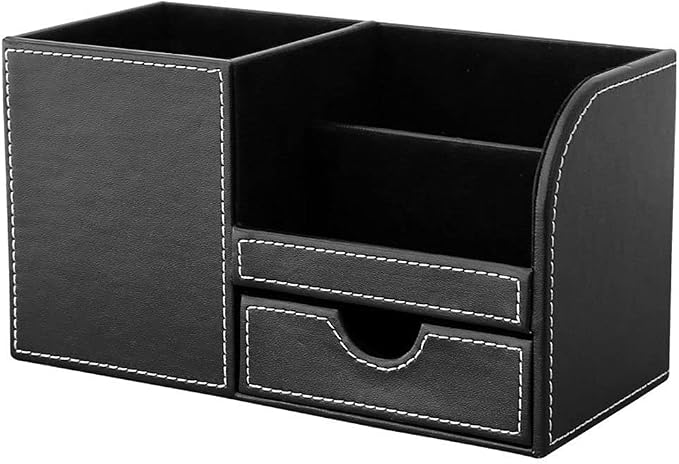 KINGFOM Desk Organizer Office Supplies Caddy Pu Leather Multi-function Storage Box Pen/Pencil,Cell phone, Business Name Cards Remote Control Holder with Small Drawer Black