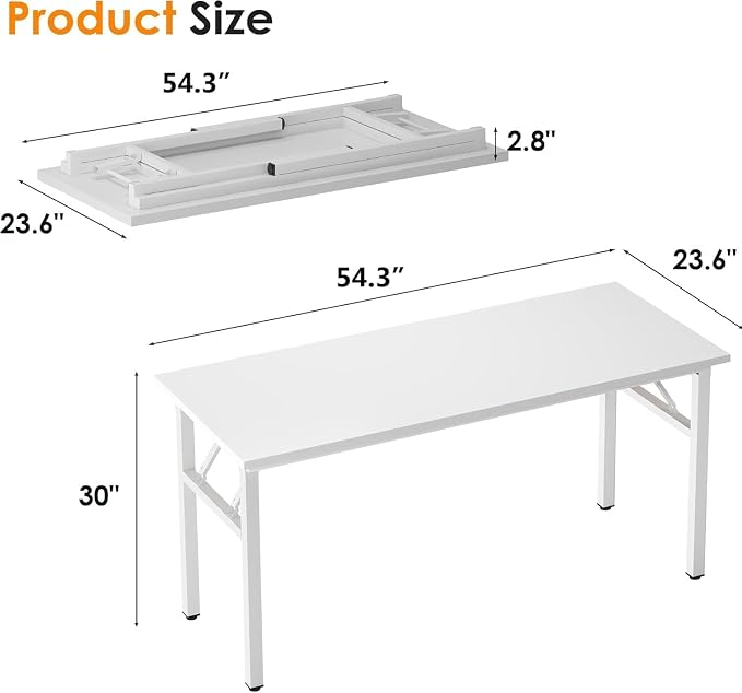 SogesHome Folding Computer Desk 54.3 Inch, No Assembly Needed Home Office Desk, Space Saving Foldable Writing Table with Adjustable Leg Pads, Compact Workstation for Apartment Dorm Study, White