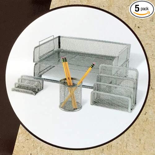 Brenton Studio 5-Piece Minimalist Mesh Desk Tray Set for Stationery, Silver