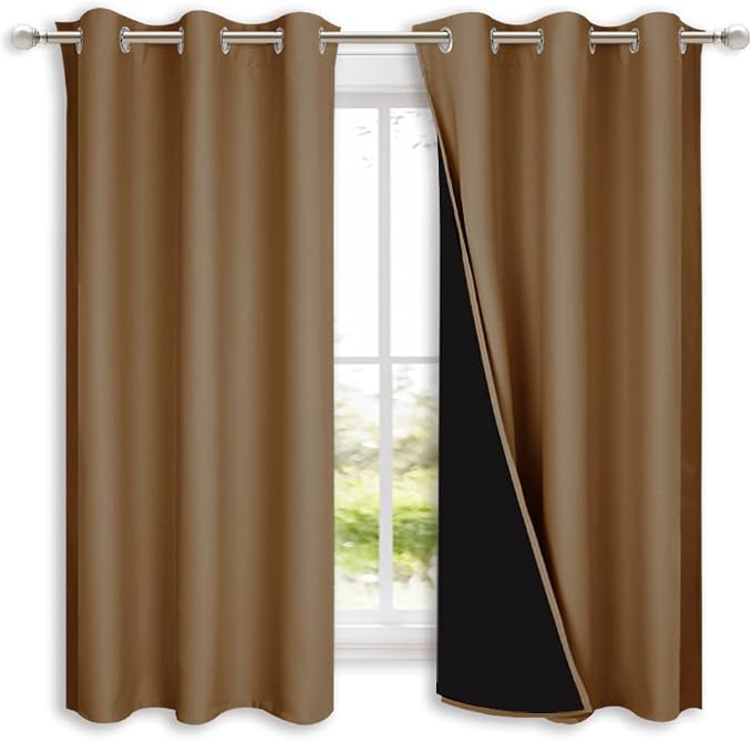 NICETOWN 100% Blackout Short Curtains with Black Liners, 2 Panels, 37" W by 63" L, Gold Brown, Solid Thermal Insulated Full Blackout 2-Layer Lined Drapes, Energy Efficiency Window Drapes for Bedroom