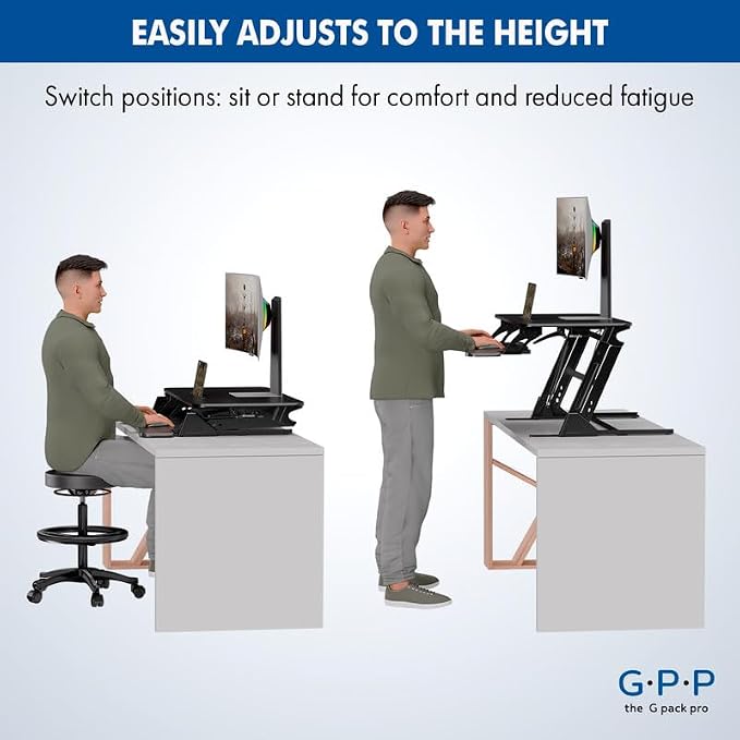 Standing Desk Converter 38 Inch, Height Adjustable to 17.3 Inches | Dual Monitor Work Surface With Keyboard Tray, Steel Frame, and Smooth Manual Lift for Home Office Setups