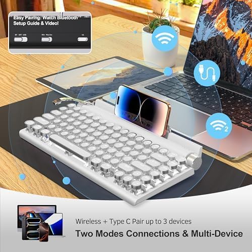 Retro Typewriter Wireless Mechanical Gaming Keyboard, Bluetooth 5.0 Office Computer Vintage Keyboards 83-Key Blue Switches Punk Round Keycap, LED Backlight, White