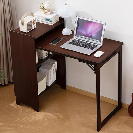 Bamboo Folding Out Desk with Storage Shelves, Expandable Hidden Computer Desk, Foldable Space-Saving Pull Out Murphy Table, Writing Table for Home Office Bedroom Small Spaces (Walnut)