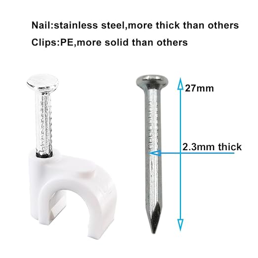 HS Cable Clips 10mm with Steel Nail 200 Pieces White，Ethernet Management U Shaped Wire Cord Staples Hooks for Outdoor Wall,Coax Cat8 RG8 Cable Extension Fasteners