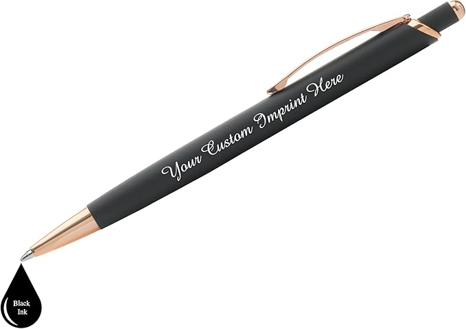 Custom Pens Gift Set - 2 Pack of Majestic Rose Gold Pens - Soft Touch Metal w/gift box - Luxury Ballpoint Pen Personalized Engraved with Name | Perfect for Him or Her (Black - Black)