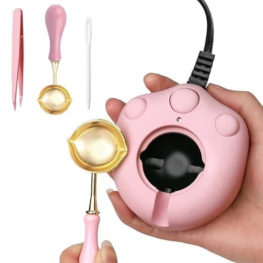 Dual-Spout Electric Wax Seal Warmer Pink with Spoon Tweezers Stirring for Melting Wax Sealing Beads