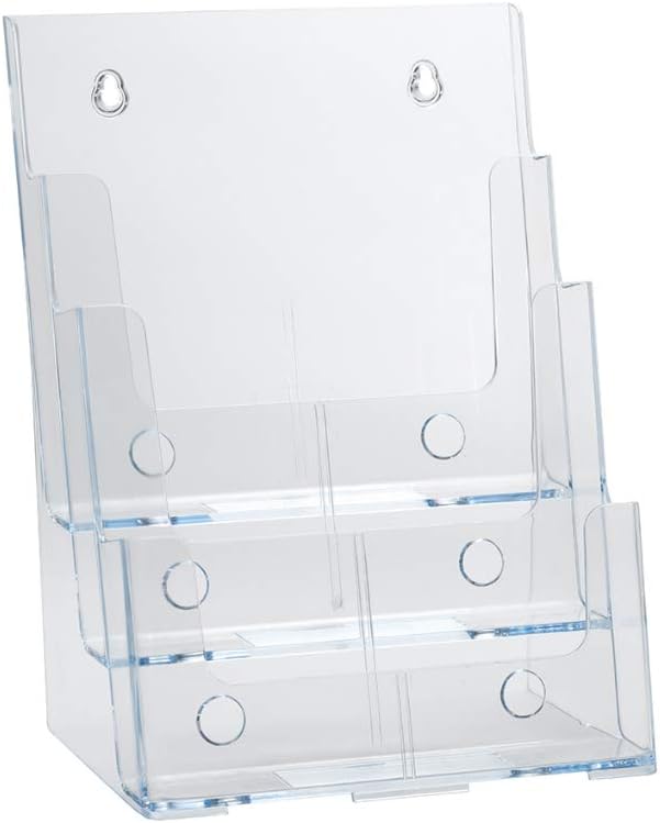Azar Displays 252378, Brochure Holder, Acrylic Desk Organizer, Three Tier Document, Magazine & Sign Holder, Wall Mount Desk Accessories, Literature Display Stand for 4" Pamphlets, 8.5"x11"