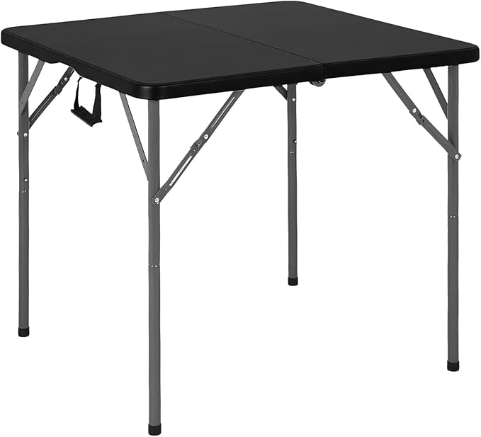FDW 34" Square Plastic Folding Card Table, Portable Fold-in-Half Plastic Picnic Party Table with Carrying Handle, Black