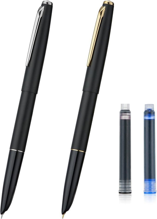 2PCS Jinhao 911 Fountain Pen Extra Fine Nib, Matte Black with Gold & Silver Trim, Lightweight and Durable, Includes Ink Cartridges & Converters, Smooth Writing Pen