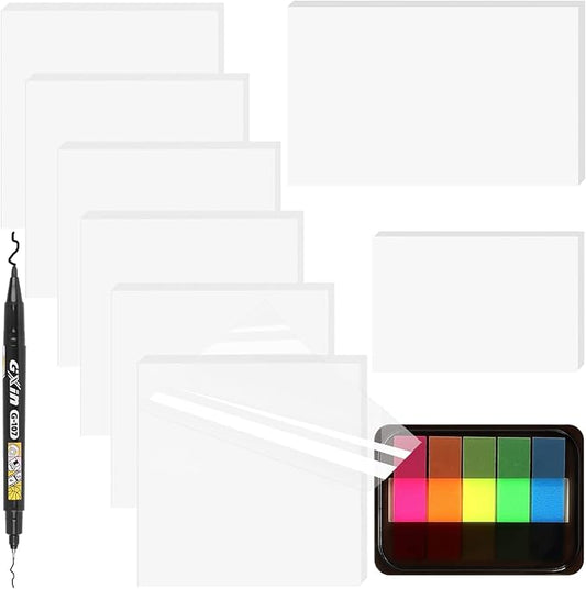 10 Pack Transparent Sticky Notes (with Sticky Tabs & Pen), MEIGAONE Clear Sticky Note 3x3 5X Strong Adhesion, Waterproof Translucent Sticky Note Office,School Supplies, 50 Sheets/Pad