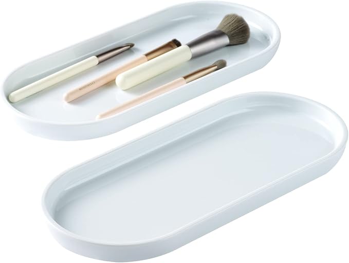 SheeChung Acrylic Vanity Tray, Bathroom Makeup Organizer Countertop, White | 9.65" x 4.5", Perfume Jewelry Candle Dispenser Catchall Tray, Sturdy Holder for Cabinet Shelf Closet Drawer Organizer, 2 Pack