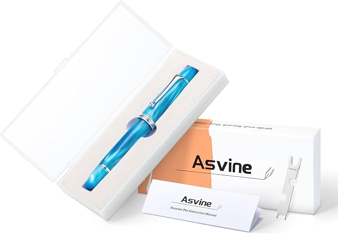 Asvine V800 Fountain Pen – Vacuum Filling System with Large Ink Capacity – Smooth Number 8 Extra Fine Nib with Gift Case and Wrench- Sky Blue Acrylic