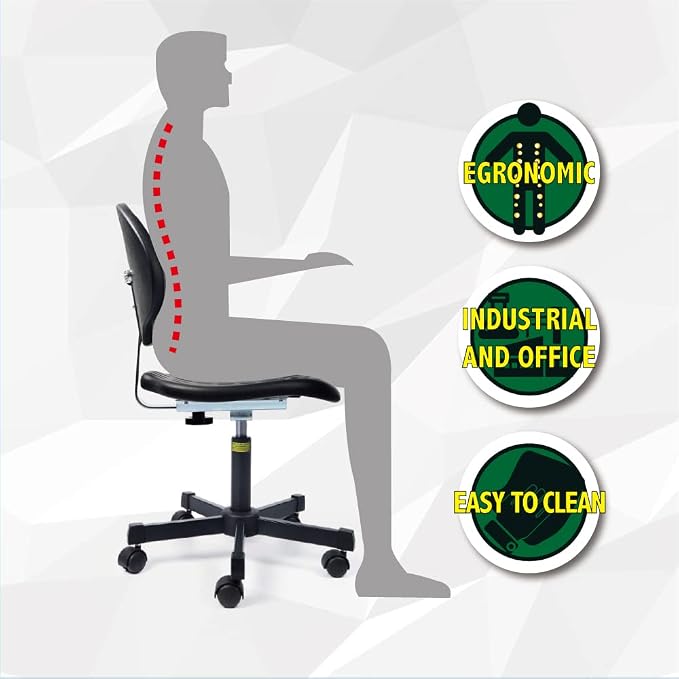 Ergonomic Polyurethane Chair with Heavy Duty Steel Base, 16"-21" Height Adjustment, Firm Task Chair for Automotive, Lab, Cleanroom, Home