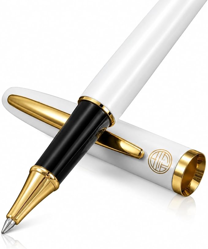 Luxury Gold Rollerball Pen, 24K gold-plated exquisite pen body, stylish and simple design, two ink refills, gift set for men and women, executive writing, office, graduation gift (White)