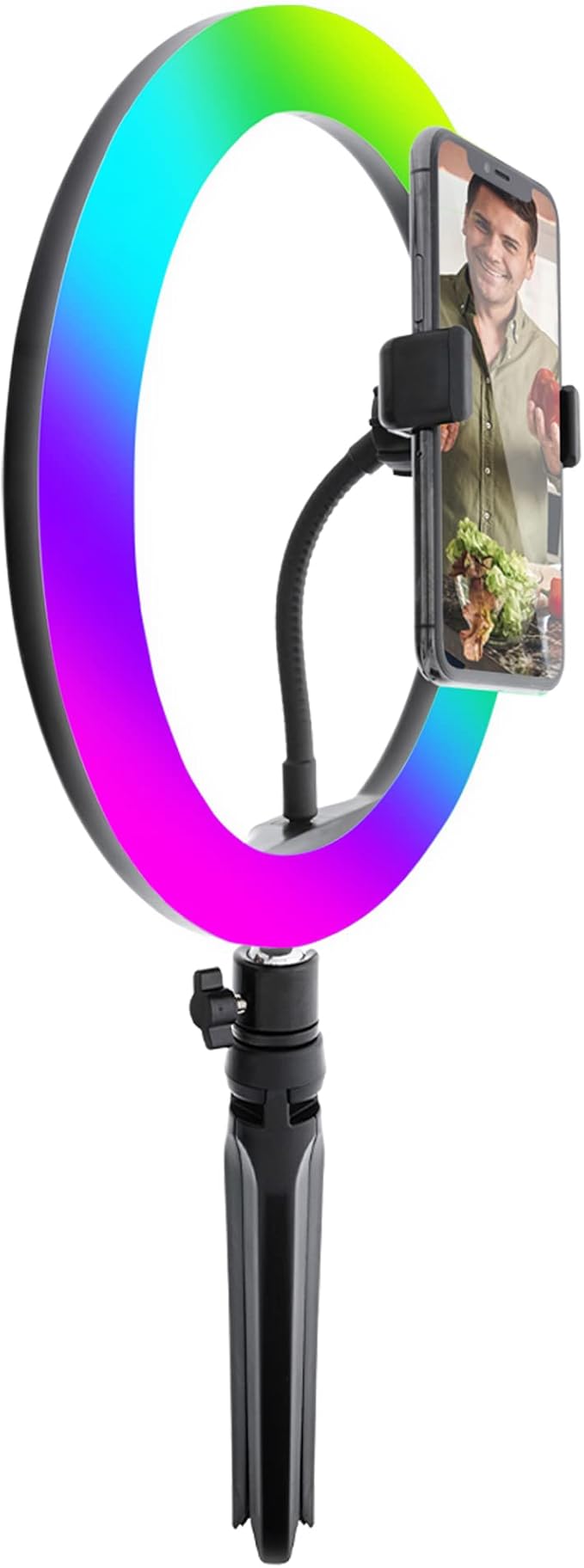 Monster 10” Multicolor LED Ring Light Smartphone Mount with Folding Tripod Stand, Multiple Brightness/Color/White Settings, Flexible Gooseneck, Ideal for Videos/Live Streaming, USB-Powered