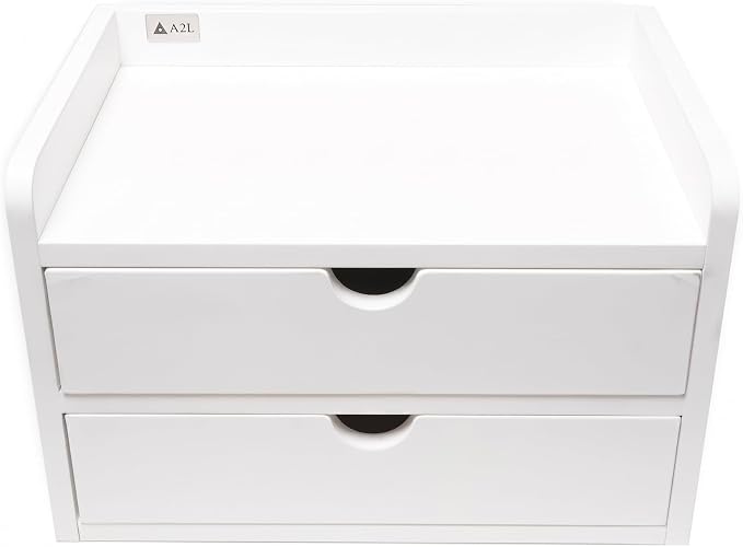 Desktop Organizer with 2 Drawers, Wooden Desk Shelf Storage Cabinet, Monitor Stand Riser for Office Supplies, Books & Accessories, Desktop Bookcase for Home Office, White