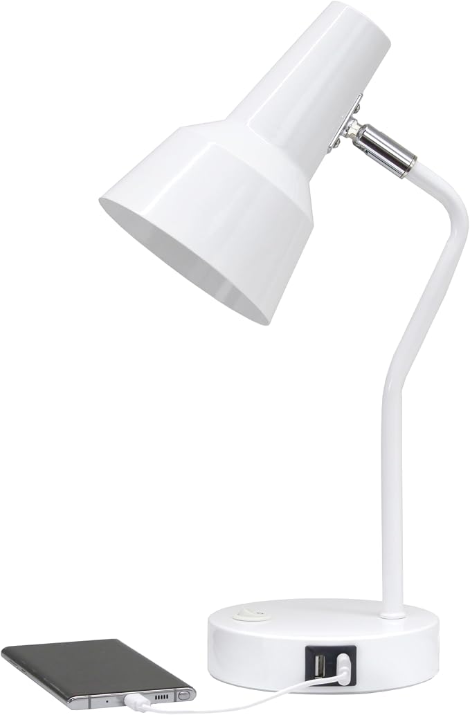 Simple Designs LD1072-WHT 15.2" Sleek Essentials Metal Cone Shade Desk Lamp with Adjustable Shade and Dual USB Ports, for Office, Desk, Nightstand, Dorm, White