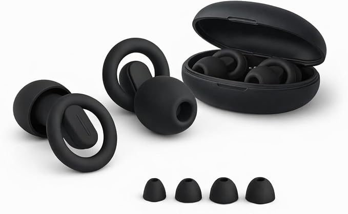 Macco Focus Reusable Silicone Ear Plugs – up to 33 dB NRR Noise Reduction for Sleep & Focus – 4 Sizes (XS–L) – Soft Washable Hearing Protection with Hard Case – Black