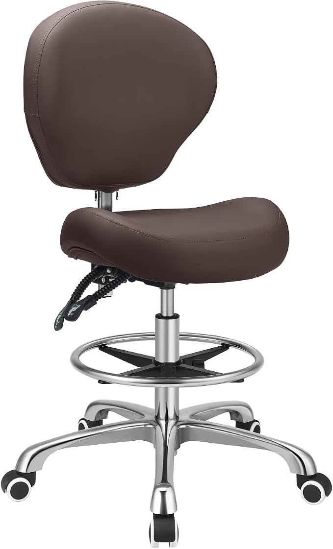 Kaleurrier Adjustable Stools Drafting Chair with Backrest & Foot Rest,Tilt Back,Swivel Seat,Rolling Wheels,for Studio,Dental,Office,Salon and Counter,Armless Tall Home Desk Chairs (Brown)