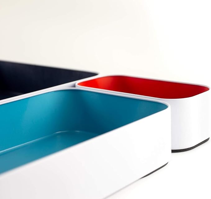 Three by Three Seattle Metal Drawer Organizer Tray Set, 6-Pc, 2" (Classic) | Deep 2" food-safe colorful metal bins; soft non-scratch base; kitchen, vanity, bathroom & office drawer storage